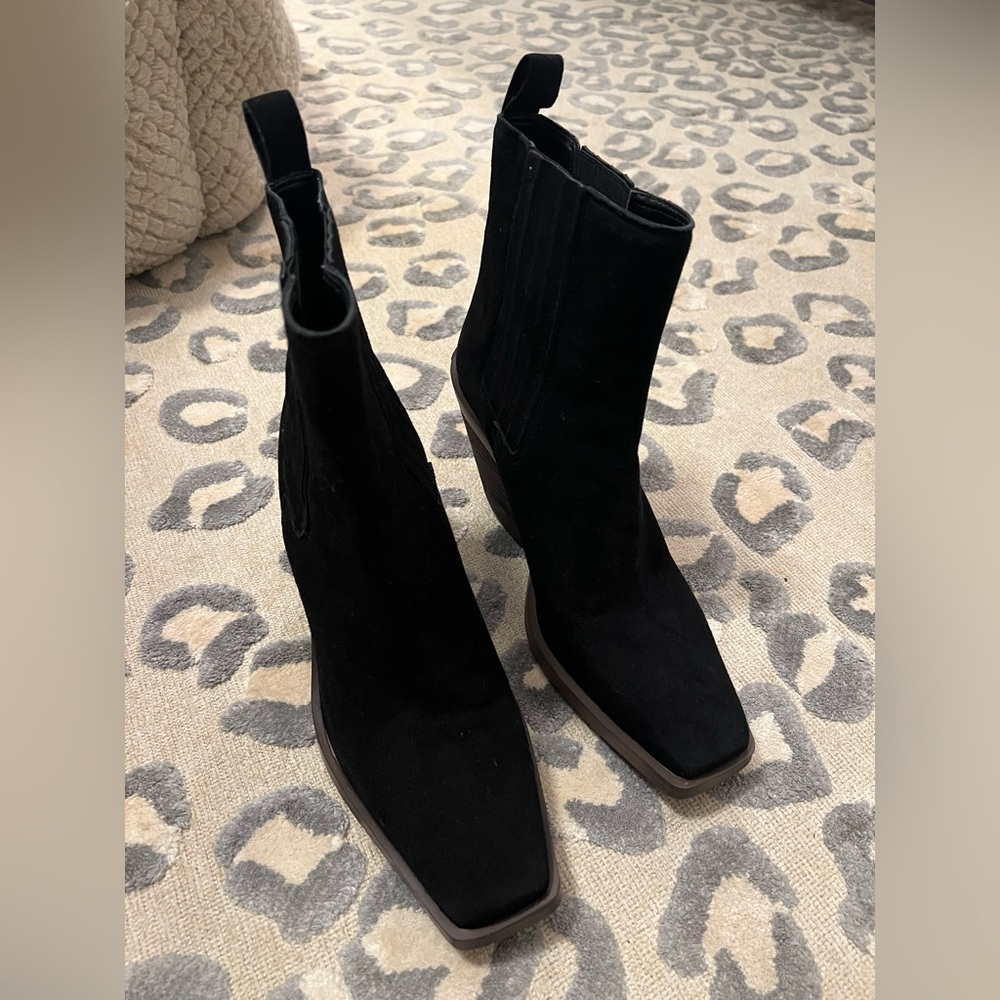 Worn once. Black suede booties